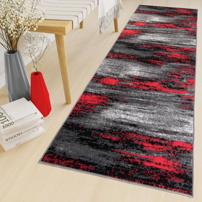 TAPISO Maya Tapis de Couloir Passage Moderne Moucheté Gris Noir Rouge Fin 80 x 400 cm
