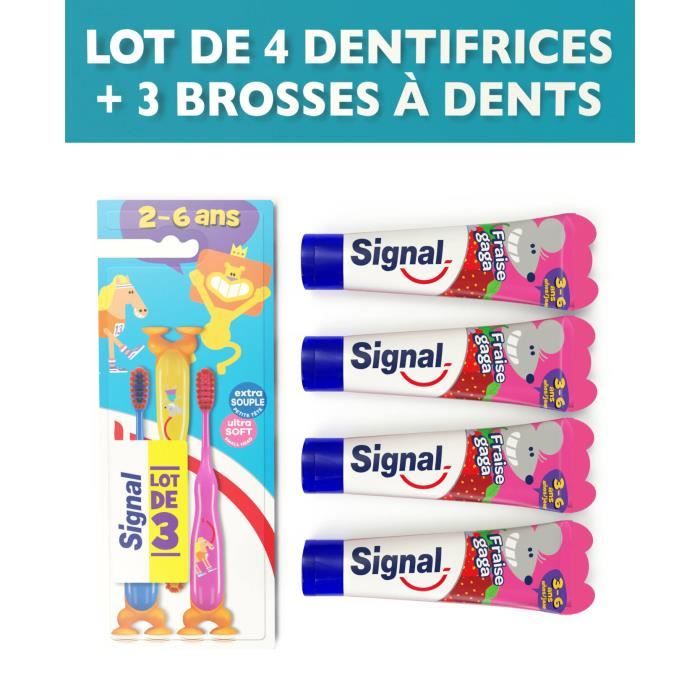 SIGNAL Pack 3 Brosses à dents enfants + 4 dentifrices Fraise gaga