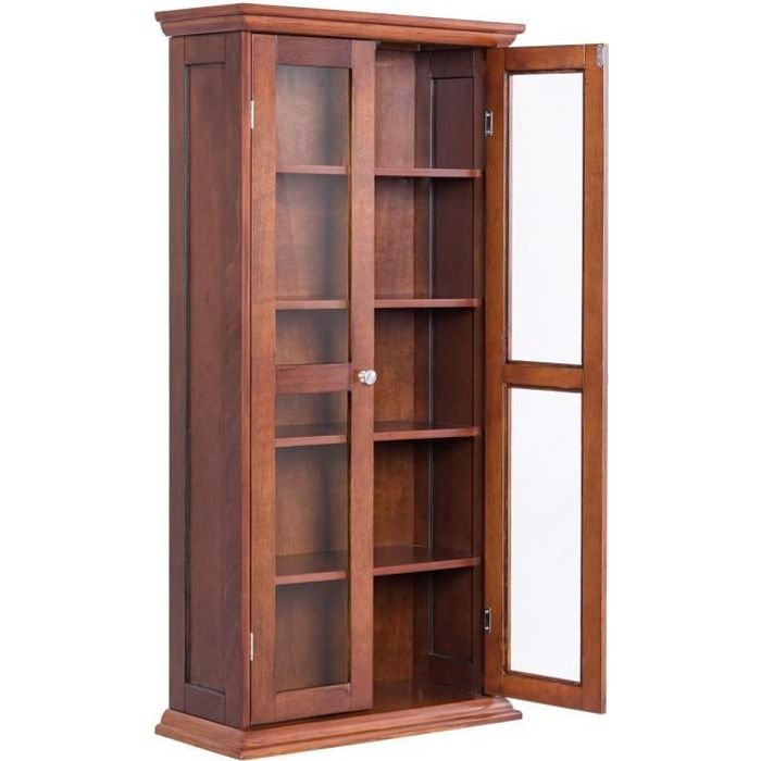 COSTWAY Meuble de Rangement, Armoire Multimédia en Bois Rustique avec 2 Portes en Verre et Étagères Réglables, pour 100 CD, DVD