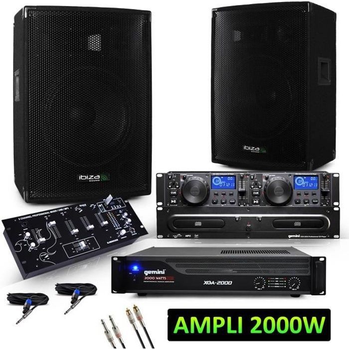 2 enceintes 2x600W+Ampli 2000W+Table de mixage avec lecteur MP3-USB-BT+Double Lecteur CD…