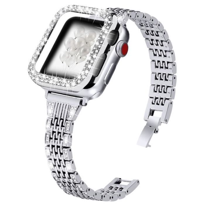 Acier Inoxydable 7 Perles Smart Watch Band Strap + Strass Decor Watch Cover Pour Apple Watch Series 3-2-1 42mm - Argent