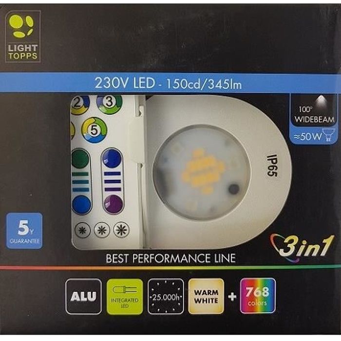 spot encastré LED alu blanc 8w 345 Lumens, 3000 kelvin +RGB 768 Couleurs+variation puissance IP65 av télécommande