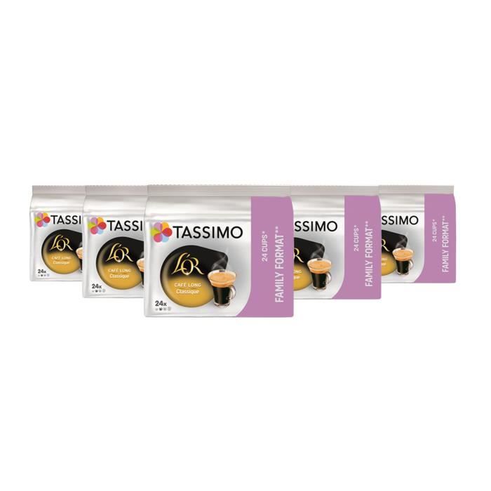 TASSIMO L'OR café Long Classique, dosettes à café souples, T-Discs Capsules, 5 paquets de 24 (120 Boissons)