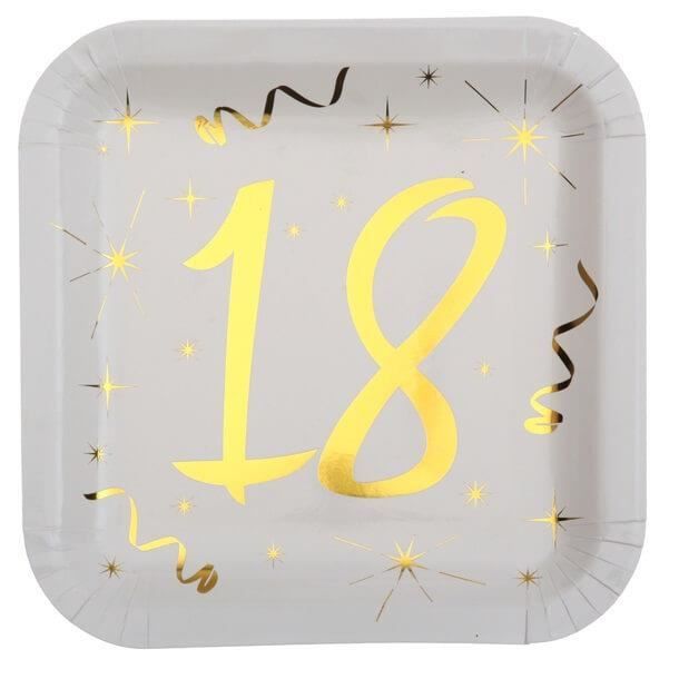 Décoration anniversaire 18 ans blanc et or en assiette carrée (x10) R/6156 Matière carton.