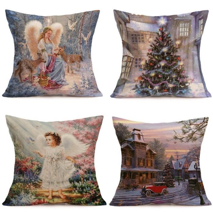 N 4PCS Taie d'oreiller Noël série Bonhomme de neige,Coton Doux en Lin Couvre-Lit Taie d'oreiller Canap¨&