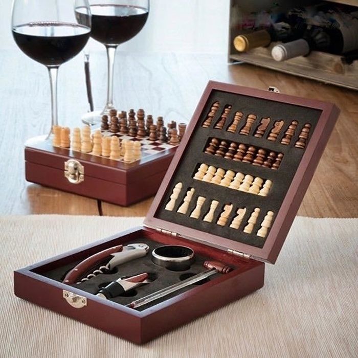 MODEZVOUS - Coffret Cadeau d'Accessoires à Vin et Echiquier - 37 pièces - Bois