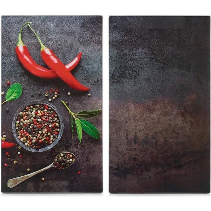 Planche à découper en verre, produit design avec impression paprika, outil de cuisine durable et pratique.