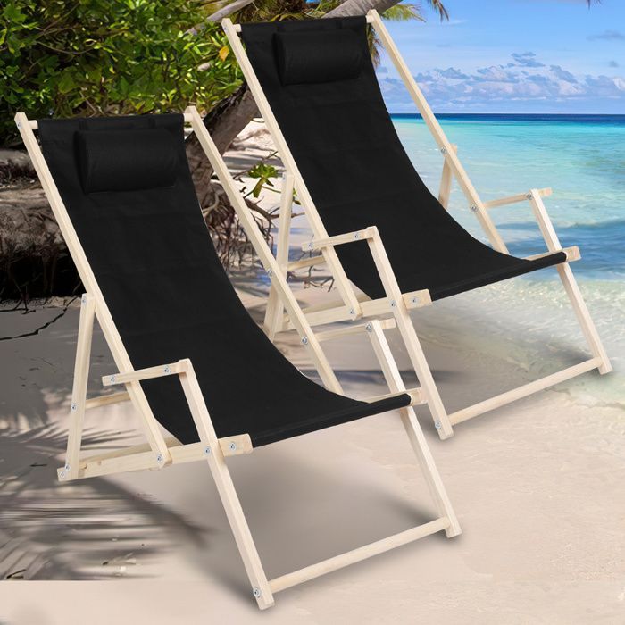 chaise longue pliante en bois chaise de plage chilienne noir avec mains courantes 2 pièces