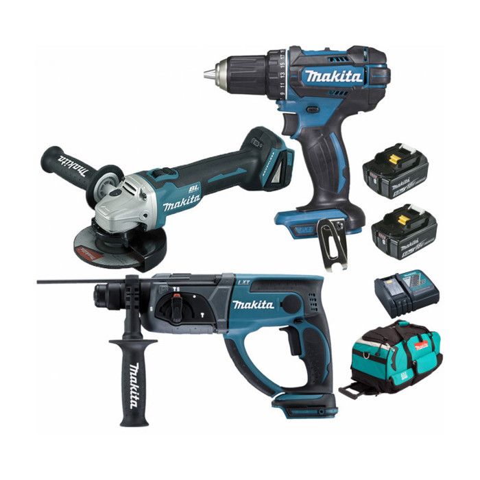 Pack Makita 18V 5Ah: Perceuse 62Nm DDF482 + Meuleuse 125mm DGA504 + Perforateur 2J DHR202 + 2 batteries + sac