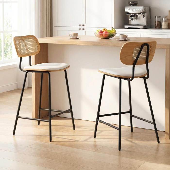 Wahson Tabourets de Bar Lot de 2 Chaise de Bar Bois et Métal avec Dossier Rotin Tabouret Haut Bar Moderne Cuir PU Blanc