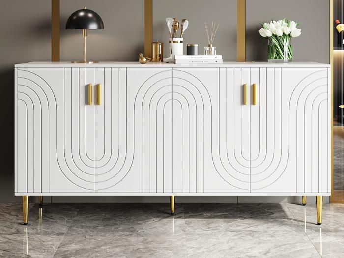 MODERNLUXE Buffet bas moderne - 4 portes à motif ondulé - en MDF - Blanc MODERNLUXE Buffet bas moderne - 4 portes à motif ondulé - en MDF - Blanc
