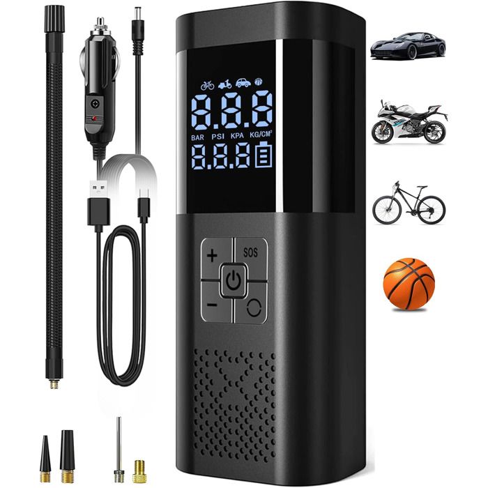 Gonfleur Pneus Voiture sans Fil Mini Compresseur à Air Portable 150PSI Rechargeable Affichage Numérique et LED pour Vélos Voitures