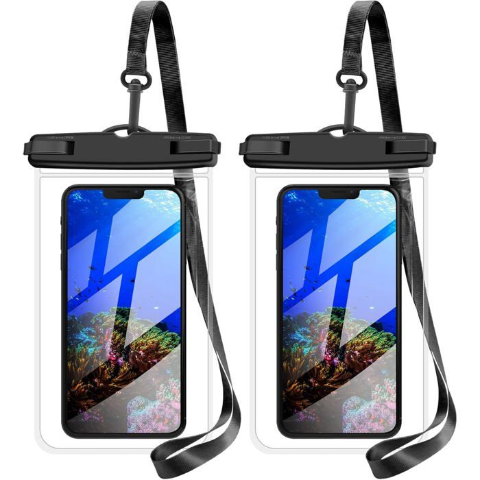 ®RisingFF Étui étanche pour téléphone lot de 2 sac étanche universel IPX8 avec cordon jusquà 7 pouces (noir)