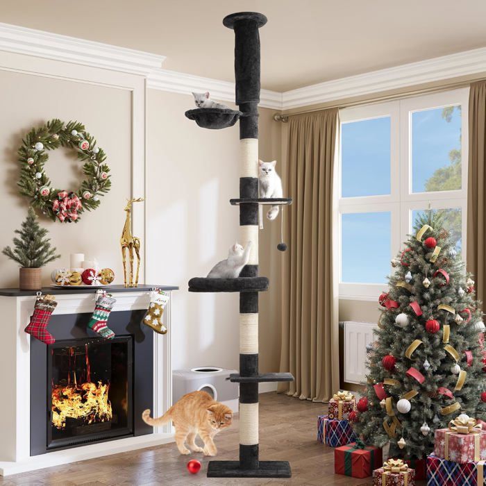 Meilleurs prix pour Arbre du Sol au PlafondPoteau à Griffer en Sisal pour Chat à 5 NiveauxTour de Jeux avec Hauteur Réglable/Hamac/PlatesNoir281 cm