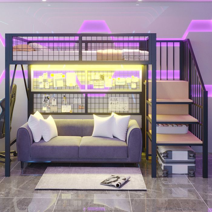 Lit Mezzanine Polyvalent en Fer 90X200 cm en Métal avec Bandes Lumineuses LED Lit Enfant Escalier avec Espace de Rangement Noir