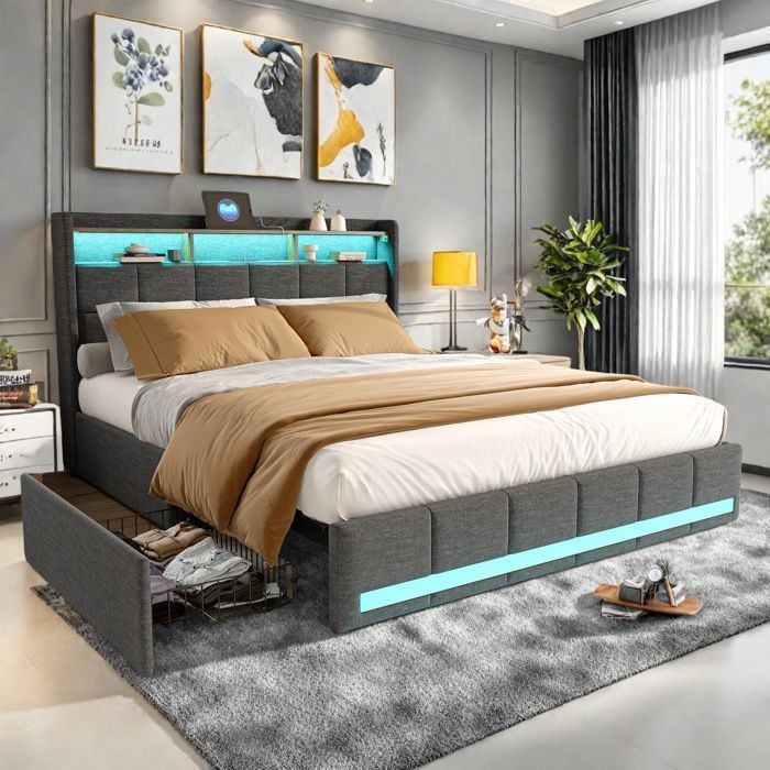 Lit Adulte - Lit Adulte 160x200 - Tissu lin gris