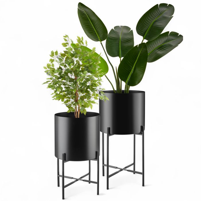 Cache pot - TECTAKE - Lot 2 supports de plantes MINE au style industriel en acier revêtu par poudre embouts pour le sol - Noir