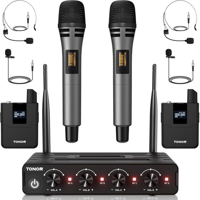 TONOR TW822 Système Micro Sans Fil UHF – Double Canal, Micro Poche/Cravate/Casque, Portée 60m, Karaoké, Conférence