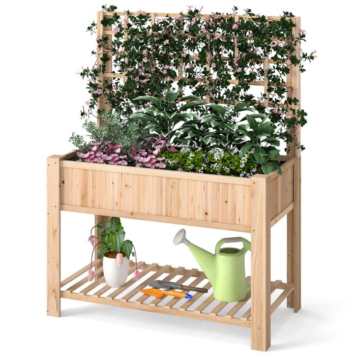 Jardiniere sur Pieds avec Treillis - RELAX4LIFE - Étagère Inférieure pour Outils - Trous de Drainage - Fond Amovible - Naturel
