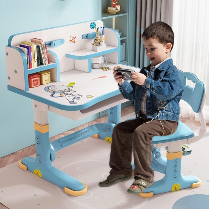 Ensemble Bureau Et Chaises Pour Enfants Réglable En Hauteur, Bureau D'écolier Avec Chaise Plateau De Table Reglable En Hauteur Et Inclinable Gris 93896916