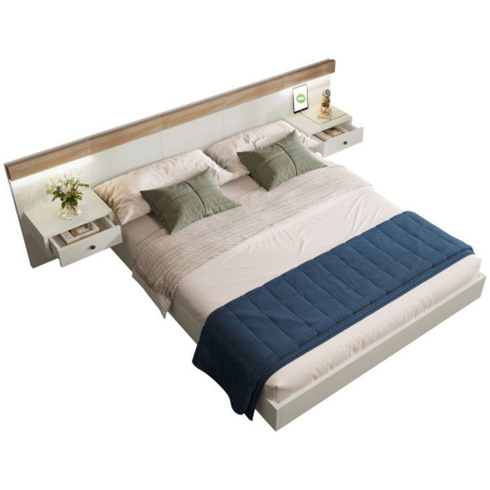 Chêne/Blanc (matelas non inclus) 180 × 200 cm / Comprend 2 lampes de chevet LED avec ports USB-C O.Ye