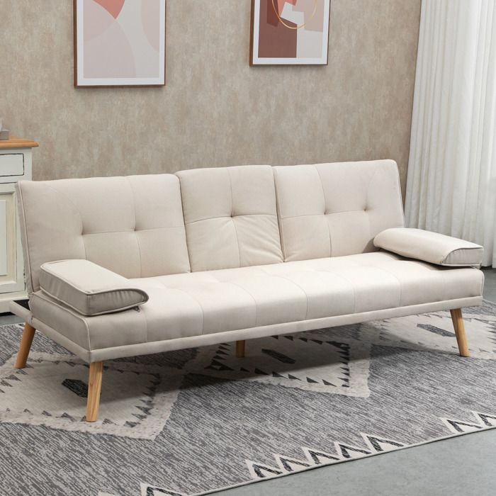 Canapé convertible 3 places design scandinave inclinaison dossier réglable 3 niveaux dossier 2 porte-verres bois massif lin beige