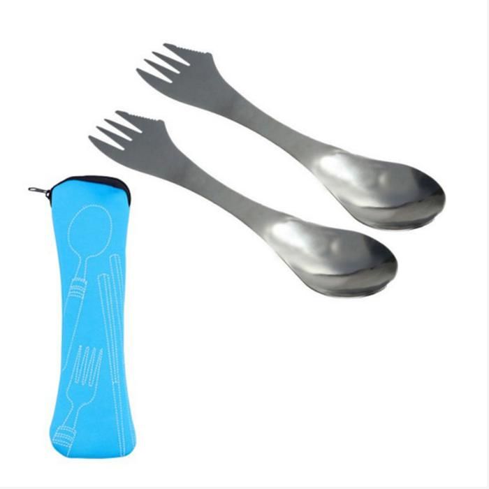 Titanium Camping Cuillère-Fourchette Titane Ultra-légère Réutilisable avec Pochette Multifonctionnel Ustensiles