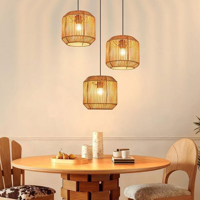 Lampe suspension rotin naturel NETTLIFE 3 lumières Design bohème chic métal noir Luminaire E27 pour salle à manger salon
