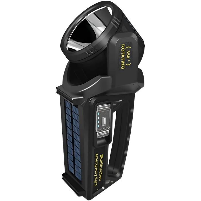 Lampe torche LED+COB à énergie solaire 9 niveaux de luminosité indicateur de puissance rotation à 350° ergonomique noir