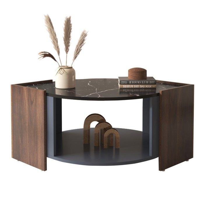 Table Basse Bois Noyer avec Tiroir et Plateau Texturé Contrasté  Dimensions 96.5 x 63 x 40 cm