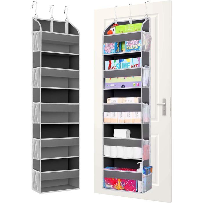 Rangement Suspendu avec 5 Étagères 3 Crochets Organisateur Suspendu avec 4 Poches Latérales Étagères Suspendues Porte Mural Gris