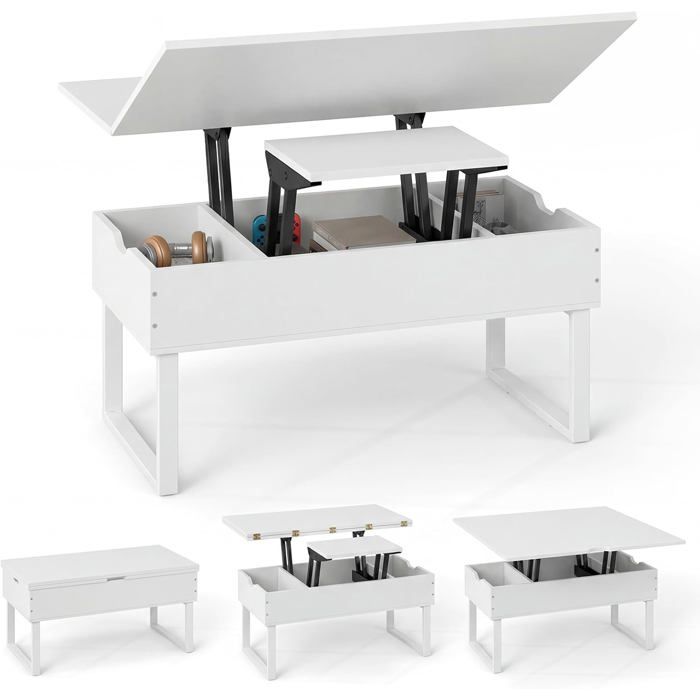 3 en 1 Table Basse à Plateau Relevable COSTWAY 3 Compartiments de Rangement Cachés 100x50x49 cm Table Convertible de Salon Blanc