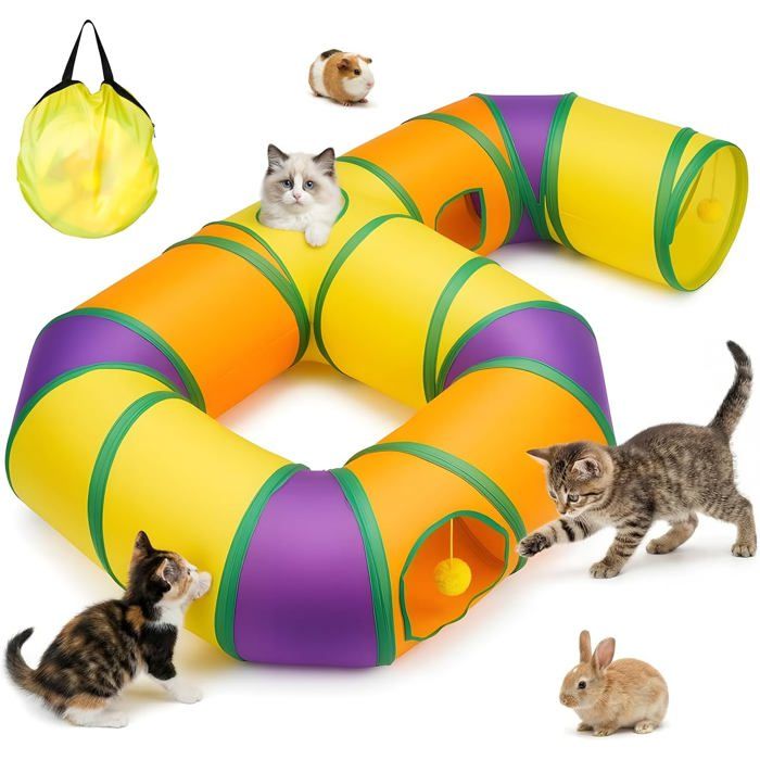 Tunnel de jeu pour chat - ESTAMPILLE - En forme de 6 - 120x75x25 cm - Multicolore - Pompons suspendus - Trou interactif