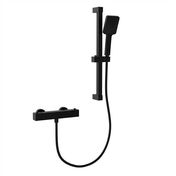 Mitigeur de douche thermostatique-Carré-Sortie basse unique + Barre coulissante-Douchette carrée-Noir mat
