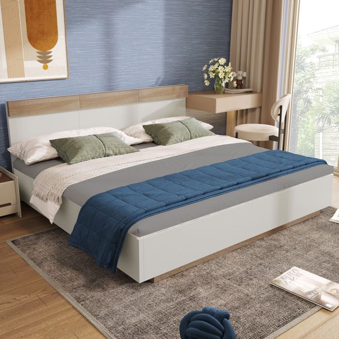 Lit adulte Double 160×200 cm tête de lit bicolore hauteur confort - YEAVIO - sans matelas bois - blanc et chêne