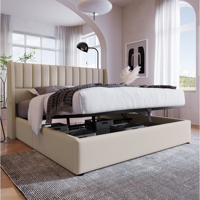 Lit coffre hydraulique 180x200 cm adulte avec rangement. tête de lit rembourrée. structure stable. lin beige