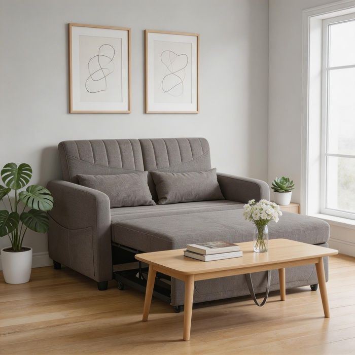 Canapé-lit convertible 2 places - Modèle extensible - Tissu coton‑lin gris - Dossier 3 positions - Couchage 166×95 cm