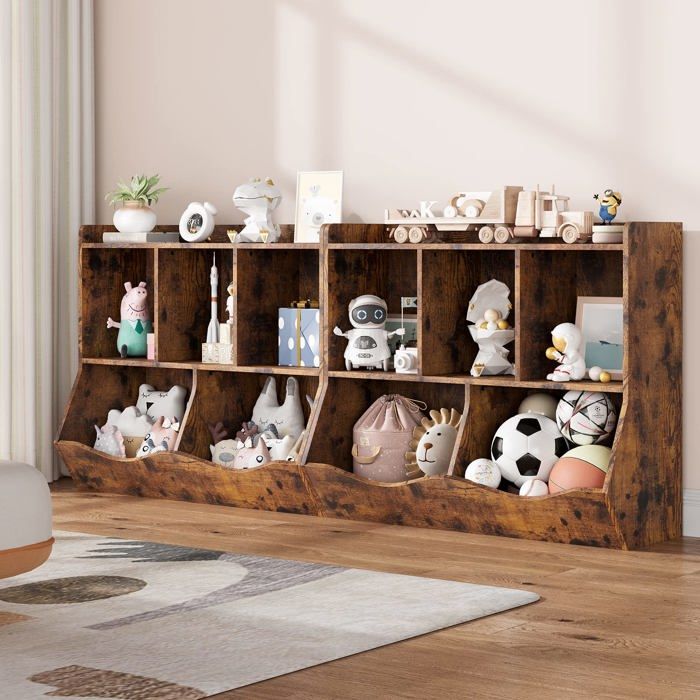 Rangement jouets enfants - LUNSY - Dimensions compactes 91 5x39 cm - 3 compartiments ouverts - 2 bacs basculants
