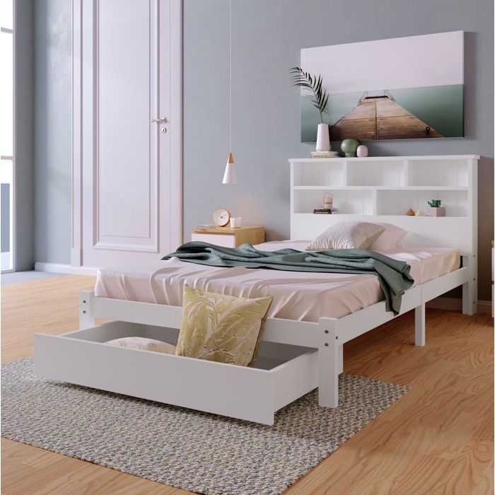 ULEVR Lit simple 90x200 cm blanc avec tête de lit bibliothèque tiroirs de rangement et sommier à lattes