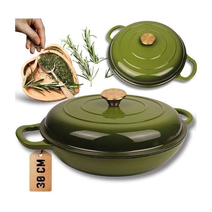 Casserole Atusa Casserole en fonte émaillée plate olive 30 cm 3 L HAGE