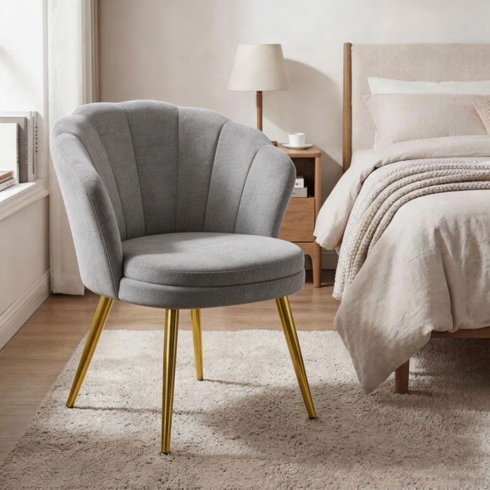 Chleby Fauteuil Coquillage Velours Gris - Fauteuil Design Salon Chambre CoiffeusePieds Métal Doré - 64x43x80 cm