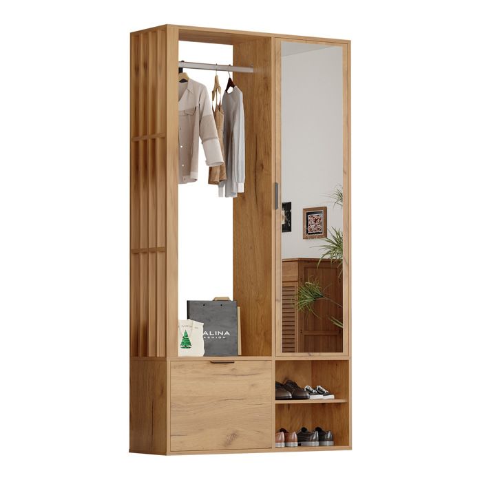 Vestiaire dentrée avec miroir – meuble dentrée en panneaux de particules – 100 x 33 x 190 cm – coloris naturel
