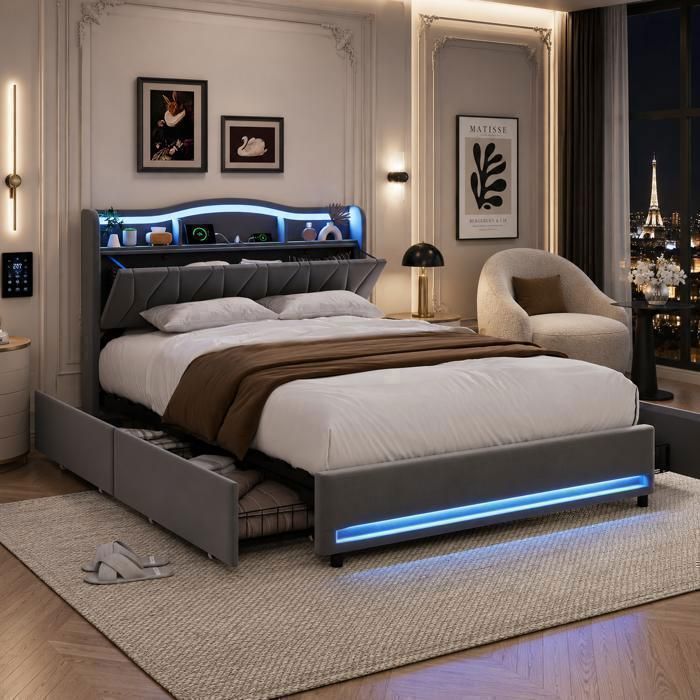 Lit 160x200 cm avec tiroirs lit double adulte avec LED prise USB+Type C sommier à lattes inclus tissu en velours gris