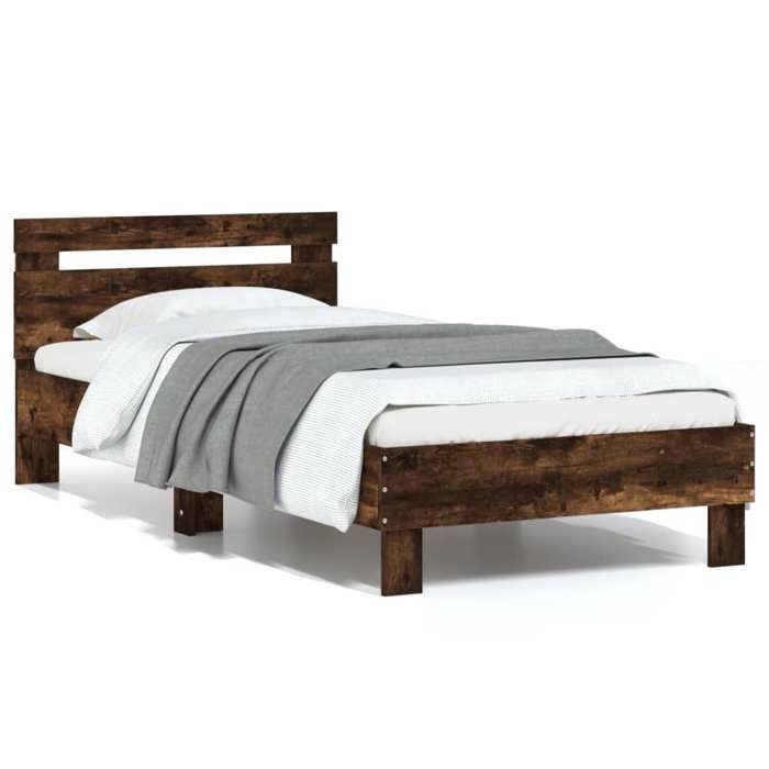 VENTE-FLASH Lit adulte1 places - Cadre de lit - sans matelas - pour chambre - avec tête de lit - chêne fumé - 90x200 cm zbw99i