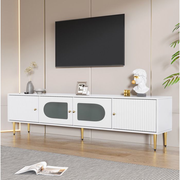 Meuble TV En Panneaux De Particules Blanc Banc TV Design FloraGrace Pour Salon Avec 2 Passe-Cables 170x35x50cm