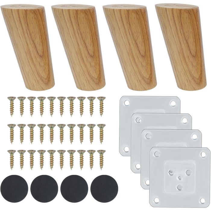 Pieds Meuble Bois 10 cm Inclinés - Lot 4 Pieds Rechange Hévéa pour Canapé Table Meuble TV - Plaque Montage Tampons Antidérapants