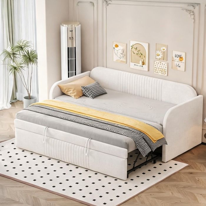 Sommier tapissier beige lin extensible 90/180 x 190 cm avec lattes métal