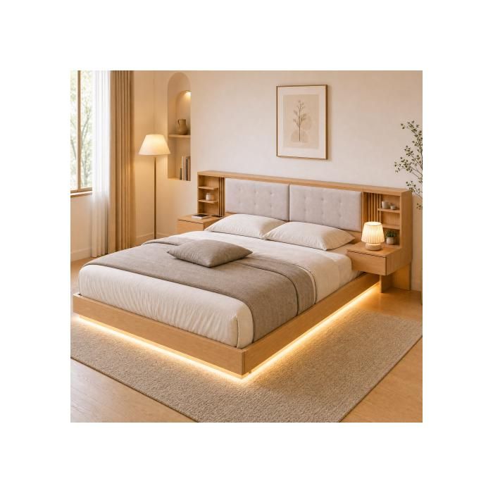 Cadre de lit flottant 180x200cm tête de lit rembourrée avec rangements tiroirs étagères ports USB design moderne pour adulte