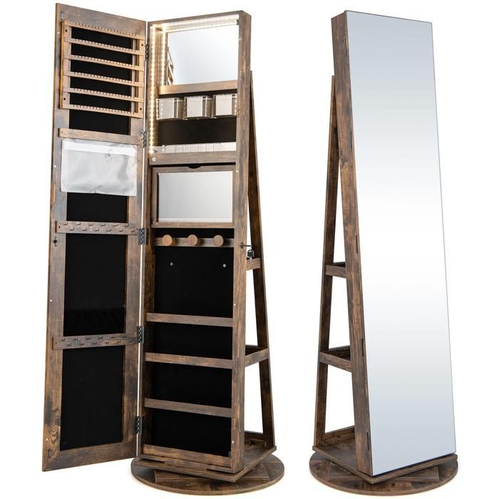 Armoire à bijoux avec miroir rangement rotatif 360° LED 3 couleurs et serrure pour chambre et maquillage