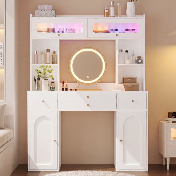 Coiffeuse avec Miroir LED 4 Tiroirs 4 Étagères 2 Placards et Portes Vitrées Blanc 120 × 40 × 160 cm